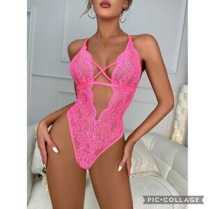Barbiecore Hot Pink Floral Lace Cut Out Teddy Size Large
